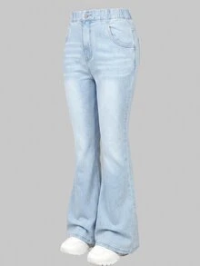 SHEIN Kids Tween Girl Pocket Button Bow Embroidery Pattern Casual Versatile Daily Wear Denim Effect Knit Flare Pants, Comfortable, 4pcs Pack Send 1 Pack - Blue - View 3