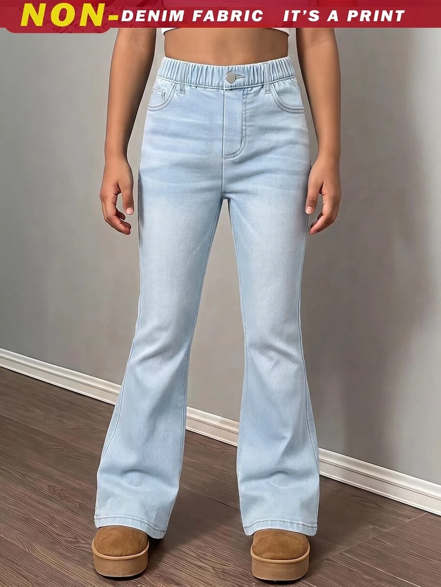 SHEIN Kids Tween Girl Pocket Button Bow Embroidery Pattern Casual Versatile Daily Wear Denim Effect Knit Flare Pants, Comfortable, 4pcs Pack Send 1 Pack - Blue - View 1