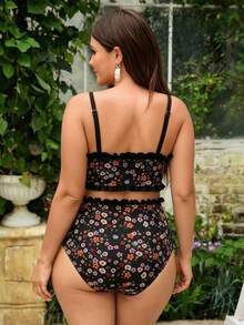SHEIN Swim 2026春夏大码泳装套装，碎花荷叶边装饰，休闲度假女装 - 黑色 - 查看 2