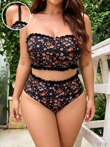 SHEIN Swim 2026春夏大码泳装套装，碎花荷叶边装饰，休闲度假女装 - 黑色 - 查看 1
