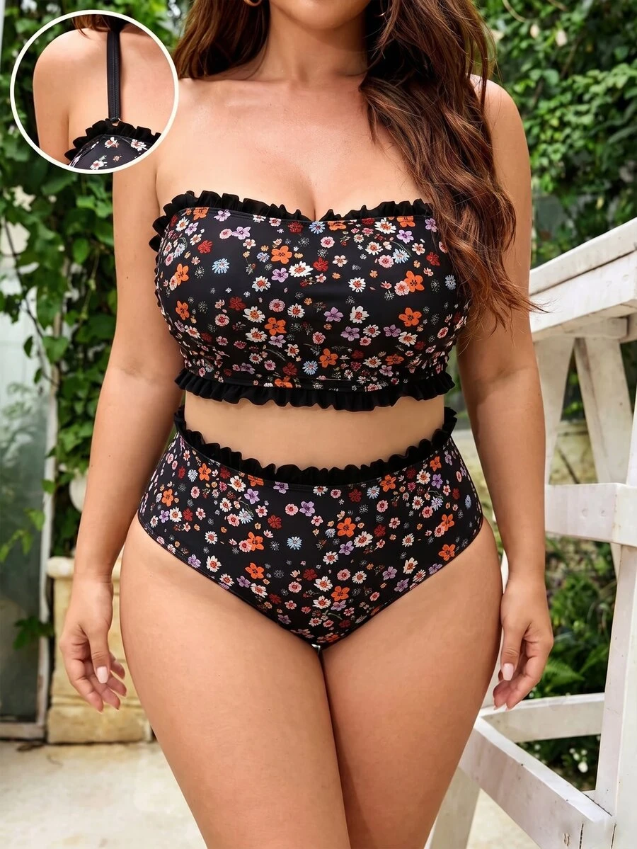 SHEIN Swim 2026春夏大码泳装套装,碎花荷叶边装饰,休闲度假女装 - 黑色 - 查看 1