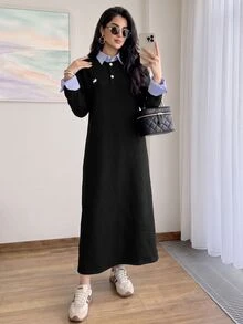 Solavon Women's Loose Fit Sweatshirt With Cuffed Sleeves - Black - View 6