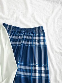 SHEIN 極簡淺灰色標語長袖居家服，青少年男孩復古藍色格紋收口褲鬆款睡衣套裝 - 彩色 - 查看 5