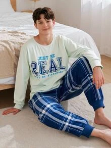 SHEIN 極簡淺灰色標語長袖居家服，青少年男孩復古藍色格紋收口褲鬆款睡衣套裝 - 彩色 - 查看 1