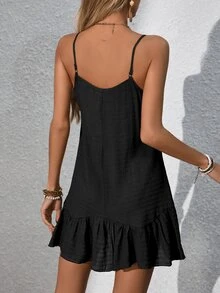 SHEIN Swim Basics Summer Clothes Women Summer Casual Beach Dress, Solid Color Textured Fabric, Adjustable Straps, Ruffle Trim Hem Coverup - Black - View 2