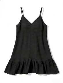 SHEIN Swim Basics Summer Clothes Women Summer Casual Beach Dress, Solid Color Textured Fabric, Adjustable Straps, Ruffle Trim Hem Coverup - Black - View 8