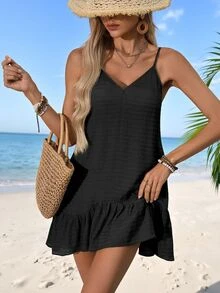 SHEIN Swim Basics Summer Clothes Women Summer Casual Beach Dress, Solid Color Textured Fabric, Adjustable Straps, Ruffle Trim Hem Coverup - Black - View 3