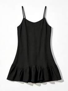 SHEIN Swim Basics Summer Clothes Women Summer Casual Beach Dress, Solid Color Textured Fabric, Adjustable Straps, Ruffle Trim Hem Coverup - Black - View 9