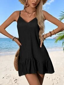 SHEIN Swim Basics Summer Clothes Women Summer Casual Beach Dress, Solid Color Textured Fabric, Adjustable Straps, Ruffle Trim Hem Coverup - Black - View 4