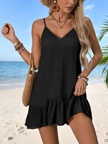 SHEIN Swim Basics Summer Clothes Women Summer Casual Beach Dress, Solid Color Textured Fabric, Adjustable Straps, Ruffle Trim Hem Coverup - Black - View 6