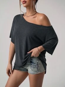 SHEIN ICON 美式街頭休閒寬鬆版型不對稱肩設計純色T恤 - 深灰色 - 查看 1