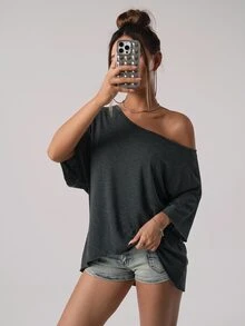 SHEIN ICON 美式街頭休閒寬鬆版型不對稱肩設計純色T恤 - 深灰色 - 查看 6