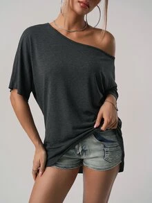 SHEIN ICON 美式街頭休閒寬鬆版型不對稱肩設計純色T恤 - 深灰色 - 查看 5