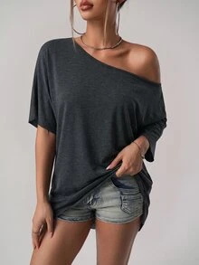 SHEIN ICON 美式街頭休閒寬鬆版型不對稱肩設計純色T恤 - 深灰色 - 查看 3