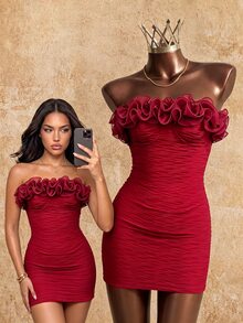 SHEIN Franclia Romantic Pure Desire Style Ruffle Bustier Bodycon Mini Dress, Burgundy Full-Body Ruched Texture Elastic Slim Fit Cinched Waist Dress For Date, Party, Cocktail, Vacation, Gathering - Burgundy - View 3