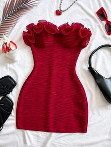 SHEIN Franclia Romantic Pure Desire Style Ruffle Bustier Bodycon Mini Dress, Burgundy Full-Body Ruched Texture Elastic Slim Fit Cinched Waist Dress For Date, Party, Cocktail, Vacation, Gathering - Burgundy - View 5