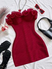 SHEIN Franclia Romantic Pure Desire Style Ruffle Bustier Bodycon Mini Dress, Burgundy Full-Body Ruched Texture Elastic Slim Fit Cinched Waist Dress For Date, Party, Cocktail, Vacation, Gathering - Burgundy - View 4