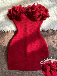 SHEIN Franclia Romantic Pure Desire Style Ruffle Bustier Bodycon Mini Dress, Burgundy Full-Body Ruched Texture Elastic Slim Fit Cinched Waist Dress For Date, Party, Cocktail, Vacation, Gathering - Burgundy - View 1