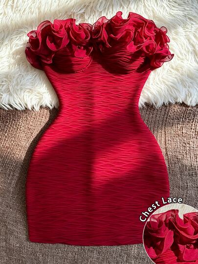 SHEIN Franclia Romantic Pure Desire Style Ruffle Bustier Bodycon Mini Dress, Burgundy Full-Body Ruched Texture Elastic Slim Fit Cinched Waist Dress For Date, Party, Cocktail, Vacation, Gathering
