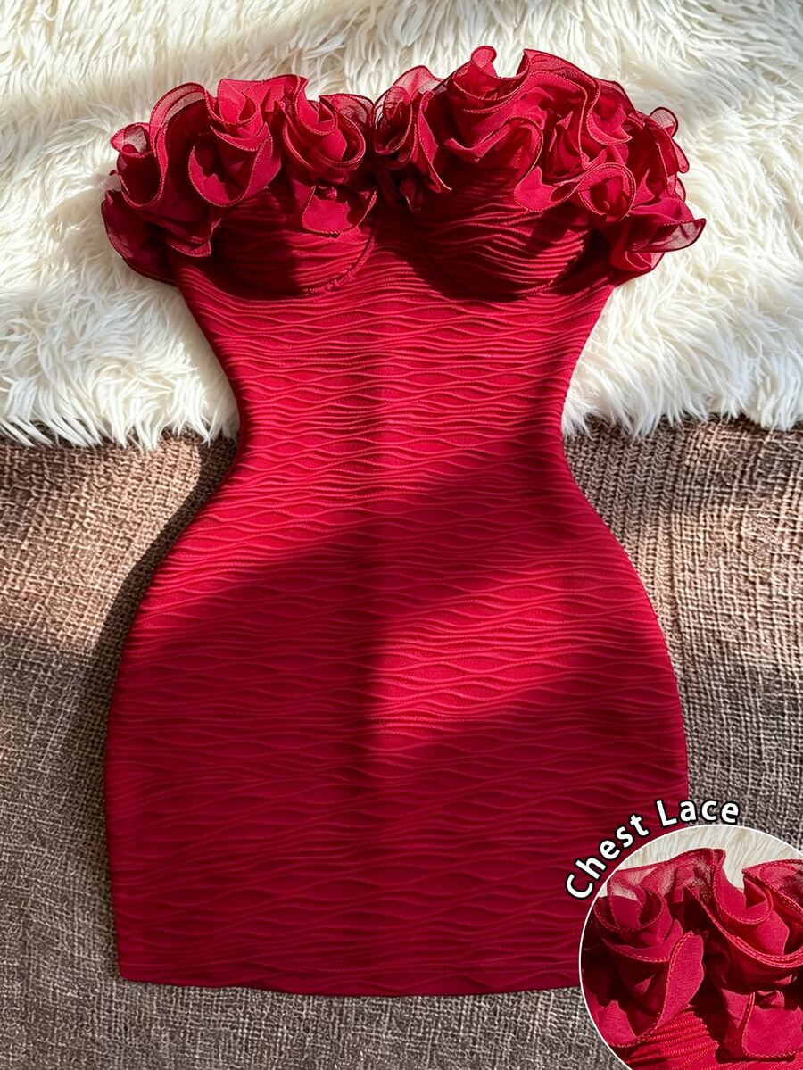 SHEIN Franclia Romantic Pure Desire Style Ruffle Bustier Bodycon Mini Dress, Burgundy Full-Body Ruched Texture Elastic Slim Fit Cinched Waist Dress For Date, Party, Cocktail, Vacation, Gathering - Burgundy - View 1