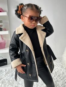 SHEIN Baby Girl Autumn/Winter Cute Versatile Colorblock Thermal Lined Faux Fur Jacket - Black and White - View 7