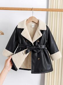 SHEIN Baby Girl Autumn/Winter Cute Versatile Colorblock Thermal Lined Faux Fur Jacket - Black and White - View 2