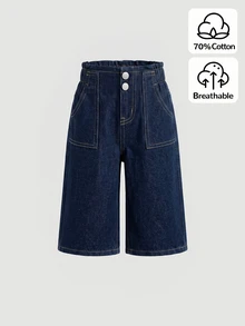SHEIN Baby Girl Ruffle Waist Wide Leg Casual Denim Jeans - Dark Wash - View 1