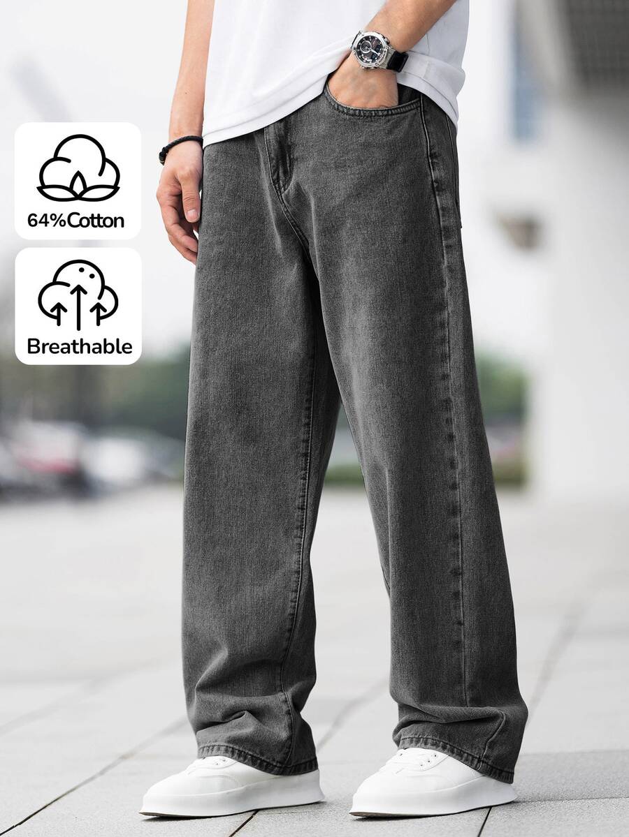 SHEIN 适合青少年男孩的时尚休闲复古宽松舒适基础款简约牛仔裤,柔软舒适,适合日常穿着,也适合春夏参加锐舞派对和海滩活动。 - 深灰色 - 查看 1