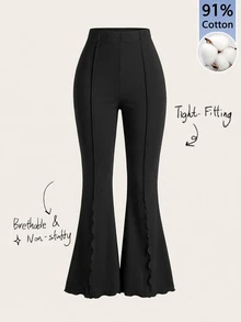 SHEIN PETITE CURVE 大尺碼時尚百搭純色喇叭褲 - 黑色 - 查看 2