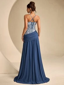 Coutiva Color Block Patchwork Sequin Decorated Evening Gown - Dusty Blue - View 4