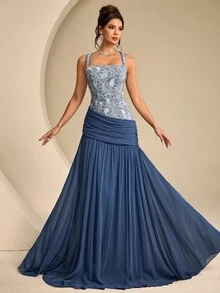 Coutiva Color Block Patchwork Sequin Decorated Evening Gown - Dusty Blue - View 8