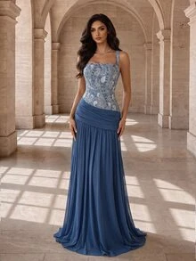 Coutiva Color Block Patchwork Sequin Decorated Evening Gown - Dusty Blue - View 1