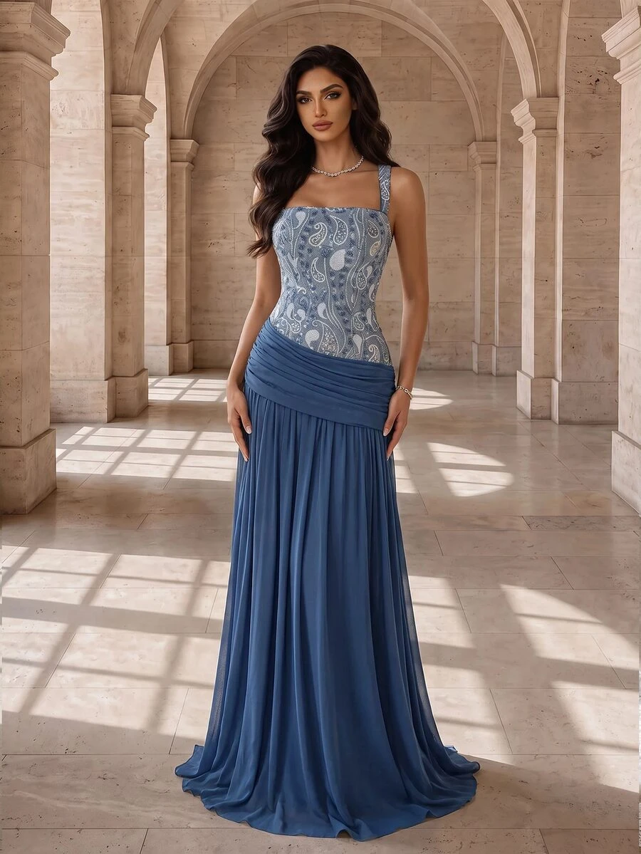 Coutiva Color Block Patchwork Sequin Decorated Evening Gown - Dusty Blue - View 1