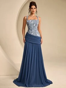 Coutiva Color Block Patchwork Sequin Decorated Evening Gown - Dusty Blue - View 7