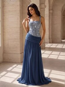 Coutiva Color Block Patchwork Sequin Decorated Evening Gown - Dusty Blue - View 2