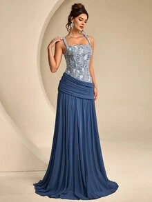 Coutiva Color Block Patchwork Sequin Decorated Evening Gown - Dusty Blue - View 3