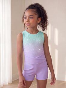 SHEIN Young Girls Gymnastics 2 Pieces Set Vibrant Ombre Rhinestone Tank Top And Shorts Activewear Stylish Sparkly Gradient Dance Athletic Workout Outfit - Pink - View 3
