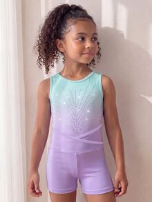 SHEIN Young Girls Gymnastics 2 Pieces Set Vibrant Ombre Rhinestone Tank Top And Shorts Activewear Stylish Sparkly Gradient Dance Athletic Workout Outfit - Pink - View 4
