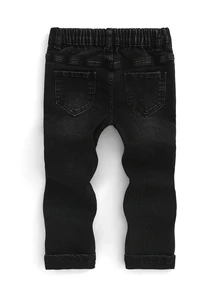 SHEIN 男童牛仔長褲，秋冬款，柔軟棉質，休閒時尚百搭舒適，極簡風，全鬆緊腰頭，經典五口袋款式，正面個性字母塗鴉印花設計，修身彈性版型，黑色水洗牛仔長褲，適合日常穿著與度假 - 黑色 - 查看 6