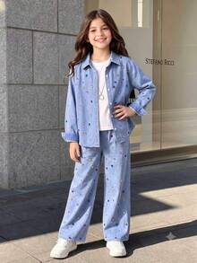 2件組少女淺藍色印花不對稱領長袖上衣與印花短褲休閒可愛酷女孩校園職業風秋季套裝 - 藍色 - 查看 4