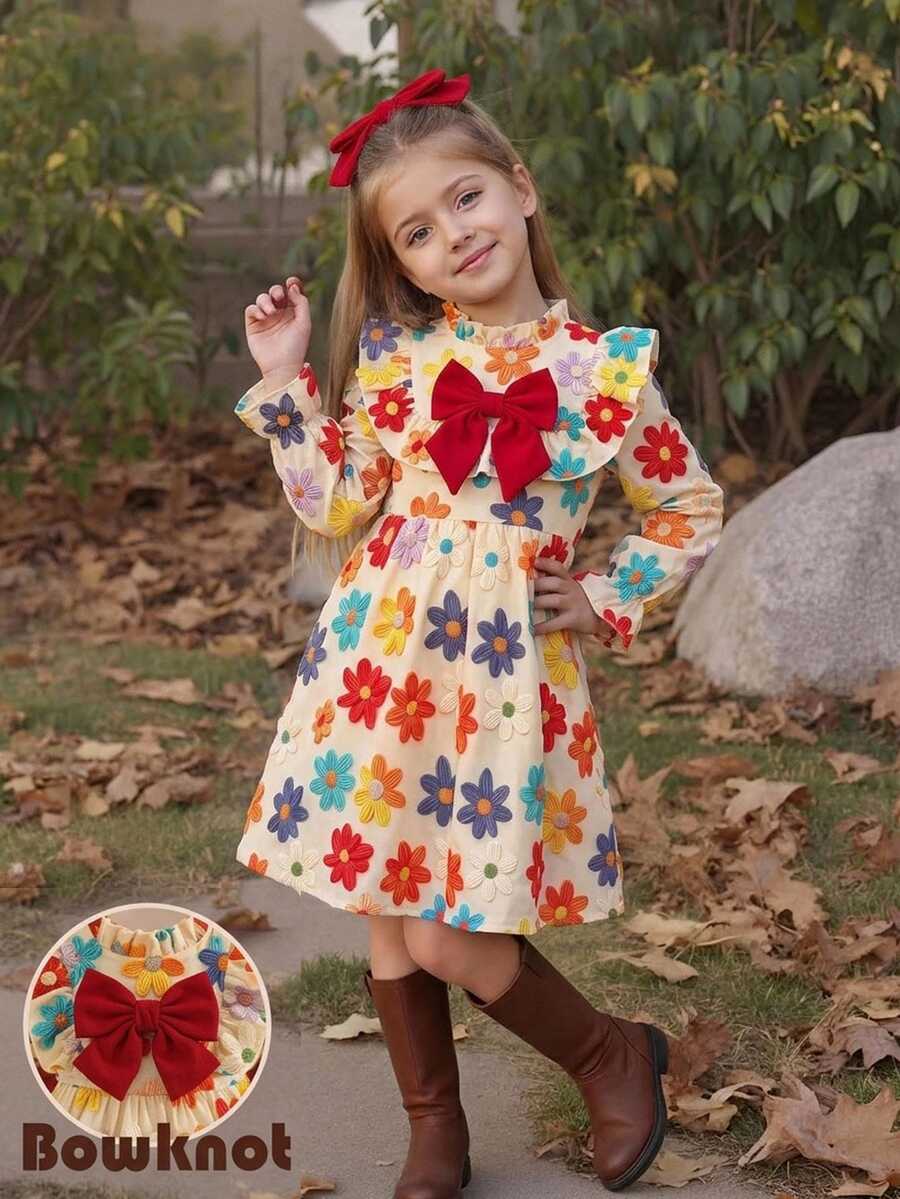 Emery Rose Kids Emery Rose Kids 女童小女孩編織碎花立領荷葉邊3D蝴蝶結休閒洋裝 - 彩色 - 查看 1