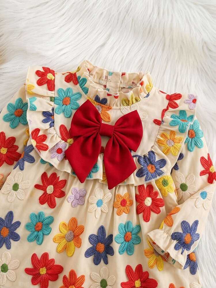Emery Rose Kids Emery Rose Kids Kids Young Girl Woven Ditsy Floral Stand Collar Ruffle Trim 3D Bow Casual Dress - Multicolor - View 9