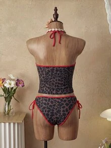 SHEIN Swim 女款兩件式比基尼套裝，熱帶可愛多色豹紋細肩帶綁帶上衣與三角泳褲，熱銷海灘度假休閒優雅情人節派對背心式比基尼套裝，女款度假優雅海灘穿搭泳衣 - 彩色 - 查看 3