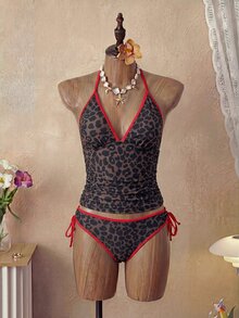 SHEIN Swim 女款兩件式比基尼套裝，熱帶可愛多色豹紋細肩帶綁帶上衣與三角泳褲，熱銷海灘度假休閒優雅情人節派對背心式比基尼套裝，女款度假優雅海灘穿搭泳衣 - 彩色 - 查看 2