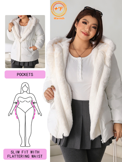 Solflare Damski gruby płaszcz plus size na jesień/zimę, biały, z ekologicznego futra, z kapturem, kieszeniami i długim rękawem