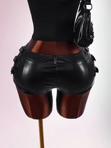 Amplova Y2k Black Tight Fit PU Low-Waist Decorated Ultra-Short Shorts Rave Festival Outfits Summer - Black - View 13