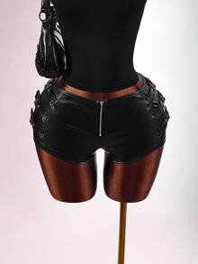 Amplova Y2k Black Tight Fit PU Low-Waist Decorated Ultra-Short Shorts Rave Festival Outfits Summer - Black - View 8