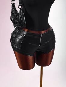 Amplova Y2k Black Tight Fit PU Low-Waist Decorated Ultra-Short Shorts Rave Festival Outfits Summer - Black - View 4