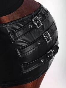 Amplova Y2k Black Tight Fit PU Low-Waist Decorated Ultra-Short Shorts Rave Festival Outfits Summer - Black - View 6