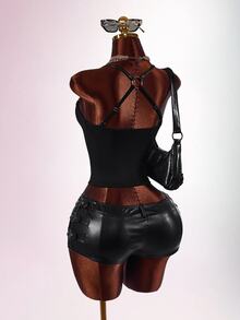 Amplova Y2k Black Tight Fit PU Low-Waist Decorated Ultra-Short Shorts Rave Festival Outfits Summer - Black - View 5